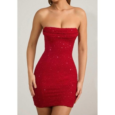 oh polly red glitter dress Basel Embellished Strapless Mini and Orange Ombr layered mesh fabric Oh Polly Maroon Going Out