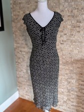 Vintage 90s Geometric Chiffon Midi Dress S Small Black White Tie Neck Rom Com