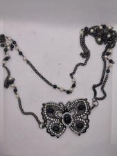 Vintage Butterfly Necklace – Dark Silver Tone, Black Stones & Pearl Beads