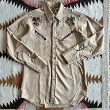 Vintage 1960s Miller Western Wear Chain Stitched Pearl Snap Shirt Sz 15.5 - Tan