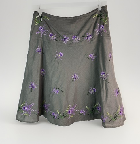 Autograph New York Women's 8 Gray Purple Embroidered Floral Cotton A-Line Skirt