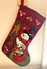 Jingles & Joy Christmas stocking, red with green accents, buttons, snowman, star