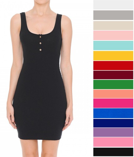 Womens Casual Henley Tank Dress Stretch Ribbed Cotton Knit Sleeveless Mini Basic - Picture 1 of 22