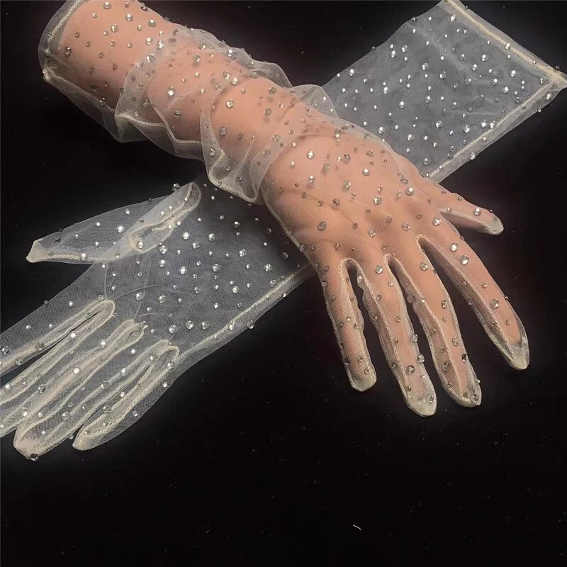 女士新娘婚礼手套闪光水钻中长网网透明晚装 — 第 2/4 张图片