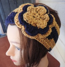 Navy BLUE Yelllow GOLD Headwrap Women Ear Warmer Handmade Crochet Flower NEW