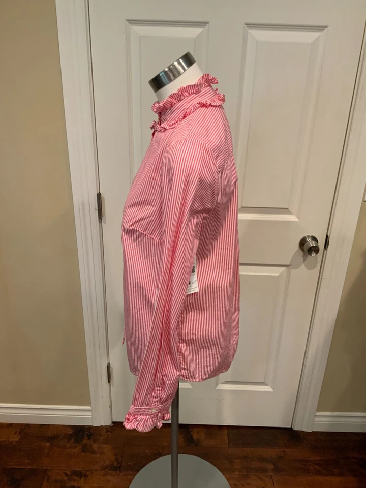 J. Camisa Crew Rosa y Blanco Rayas Abotonada con Cuello y Puños con Volantes, Talla S Foto 4 de 4