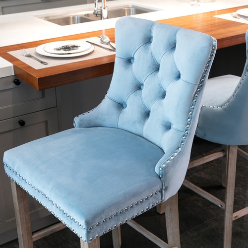 2 Set Velvet Bar Stools 27.2" Height Counter Height Barstools Wooden Legs Blue - Picture 10 of 12
