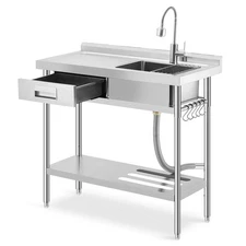 39" Stainless Steel Utility Sink with Drainboard Kitchen Sink with Faucet Drawer