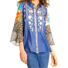 John Mark Multi Print Embroidered Tunic Top Size M Womens Mixed Media Blouse