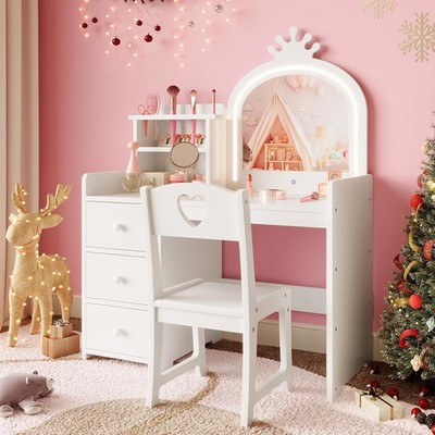 Kids Vanity with Lights,2-in-1 Princess Makeup Toddler Vanity Table w/3 Drawers 