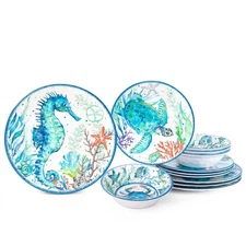 12-Piece Melamine Beach Dinnerware Set, Coastal Plates and Bowls Sets, Oceani...
