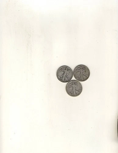 3 Walking Liberty Half Dollars,  1936, 1941, 1944 Crculated , Good,  90% Silver