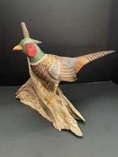 Vntg Hand Carved Painted Wood Pheasant Bird On Driftwood Signed Eugene Ownby