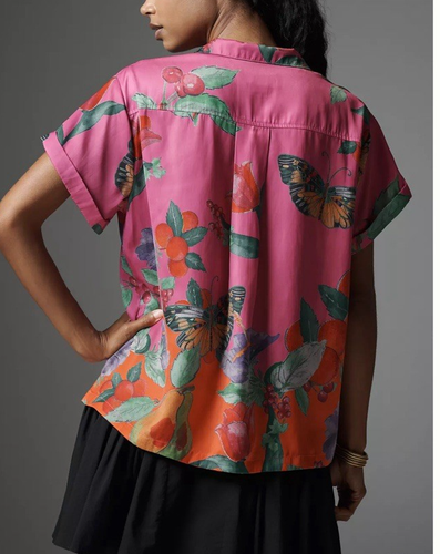 Anthropologie Brenna Top Oversized Kurzarm Button Down Blumen Schmetterling M - Bild 3 von 12