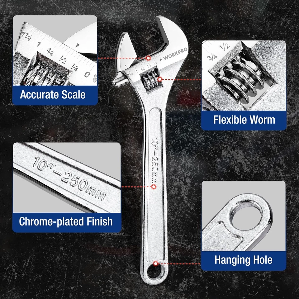 WORKPRO 3PC 6" 8" 10" Adjustable Wrench Set Forged Carbon Steel SAE&Metric Scale - Image 3 of 4