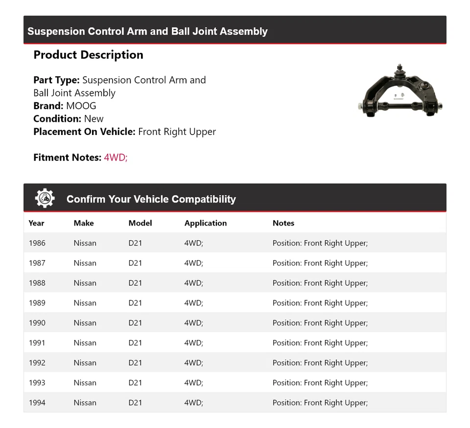Brazo de control delantero derecho superior MOOG 1986-1994 Nissan D21 4x4 1986 1987 1988 Foto 2 de 4