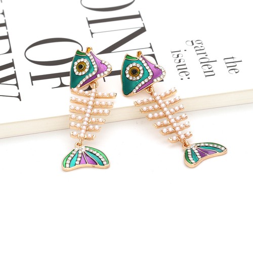 Lovely Enamel Crystal Pearl Fish Bone Skeleton Earbob Dangle Earrings - Picture 6 of 7
