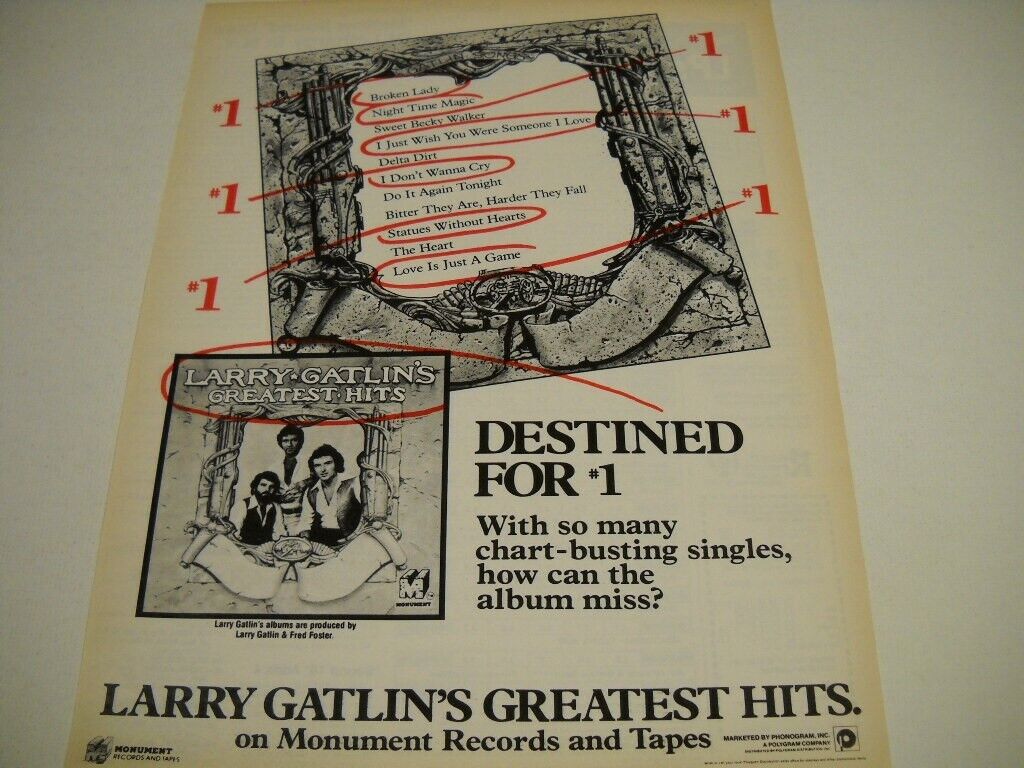 LARRY GATLIN Greatest 最大40%OFFクーポン Hits DESTINED FOR Promo NUMBER Poster 1978 Ad T-ポイント5倍 ONE