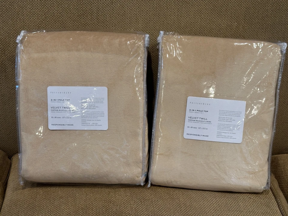 Pottery Barn VELVET TWILL GOLD 50x84" S/2 Curtains BLACKOUT 3 In 1 Pole Top NEW - Image 2 of 4