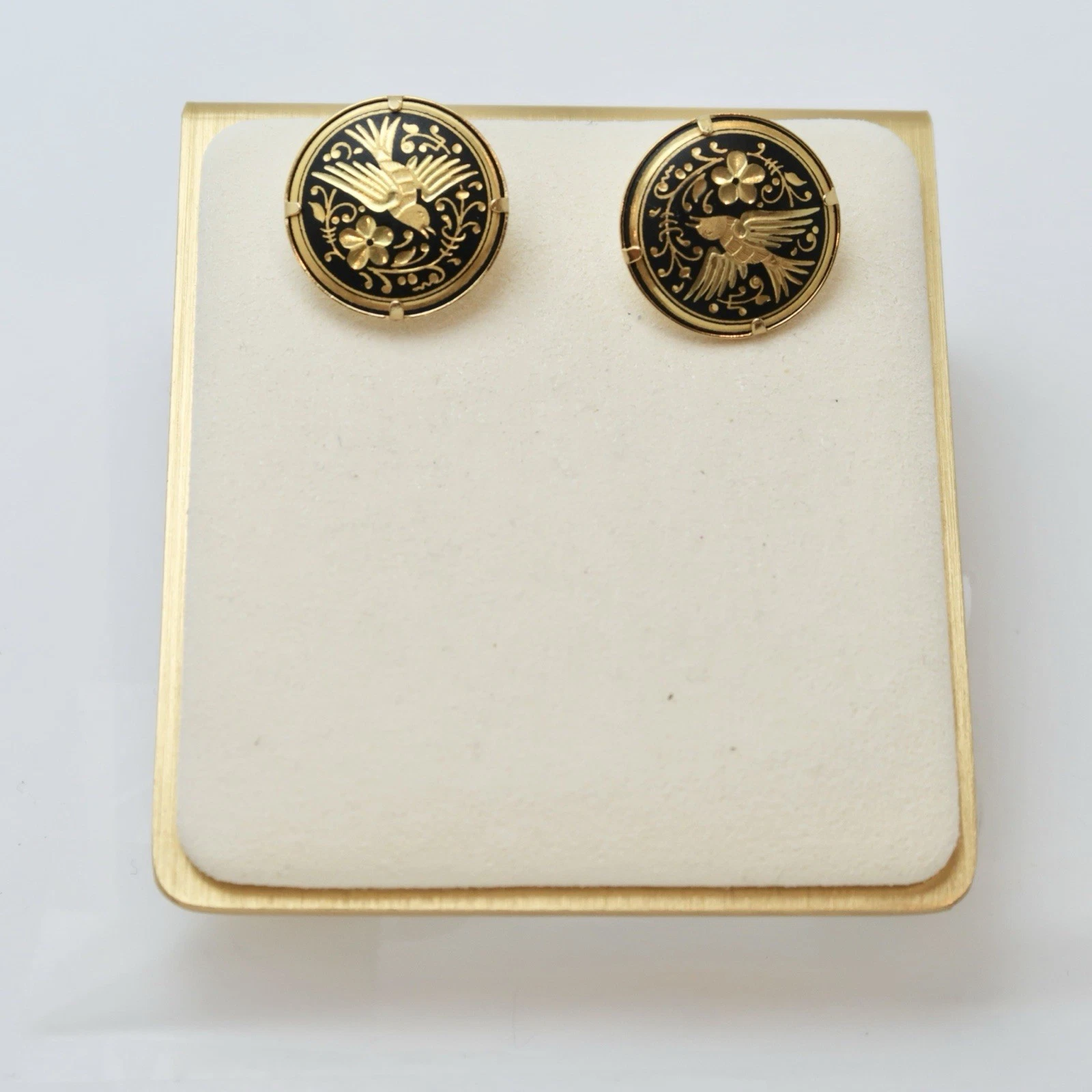 Spanish Damascene Bird Floral Black Enamel Gold Tone Vintage Earring Jewelry E62