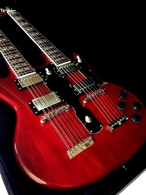 NEW VINTAGE STYLE TRANS RED DOUBLE NECK 12 & 6 STRING ELECTRIC GUITAR AND CASE - Image 3 of 4
