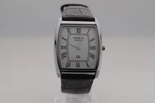 Vintage Seiko Barrel-Tank Quartz White Dial Men's Wrist Watch with Brown Strap