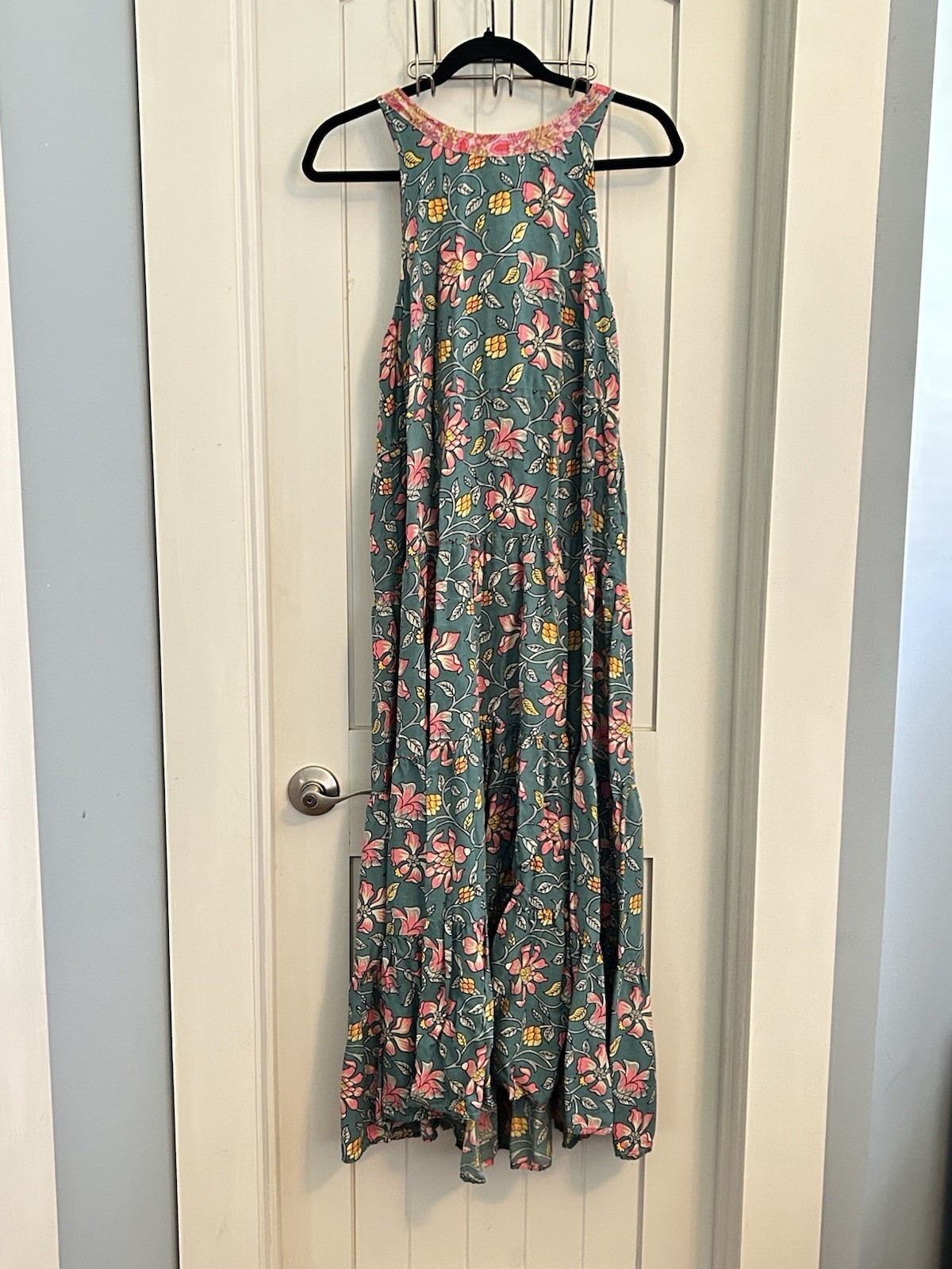 Natural Life Boho Hippie Open Back Tie Neck Halter Dress Floral Teal Pink Sz. XL