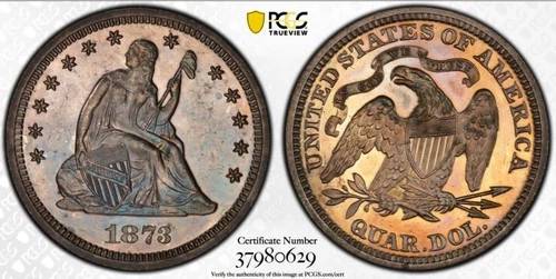 Proof 1873 Seated Liberty Quarter PR58 PCGS – No Arrows, Pretty Coin!