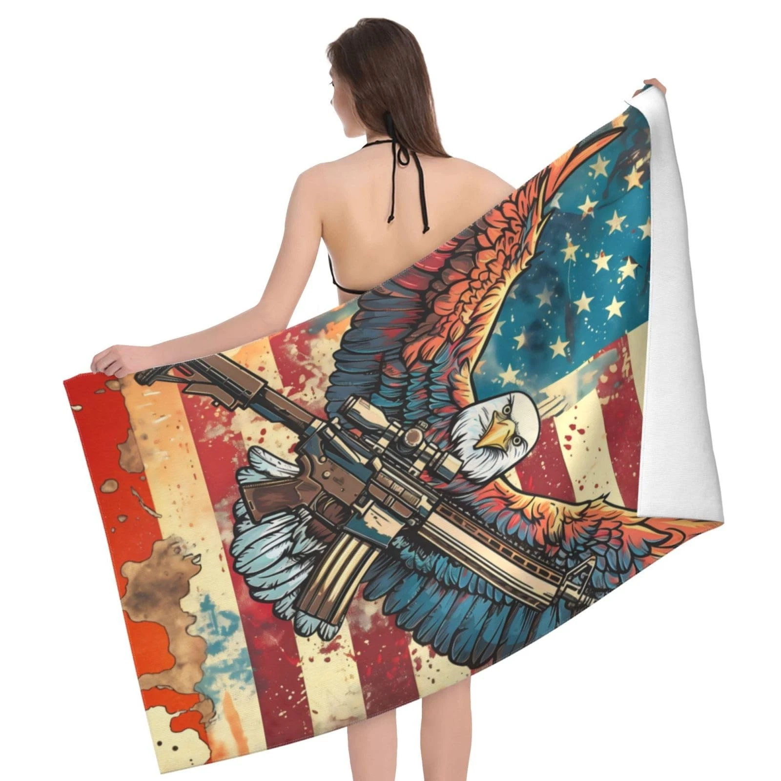 Patriotic Bald Eagle Beach Towel 31inx51in, American Flag Sand-Free Microfibe...