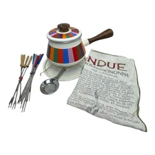 Vintage MCM Fondue Set Colorful Striped Enamel Wood Handle Retro Towel