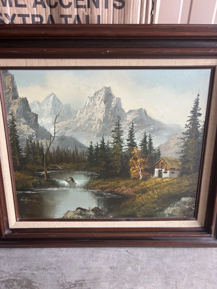 Pintura al óleo firmada de colección por Luffmann - Paisaje de montaña alpino con cabina Foto 2 de 4