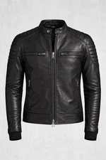 Men’s Black Genuine Leather Biker Jacket – Stand Collar, Quilted Shoulders, Zip