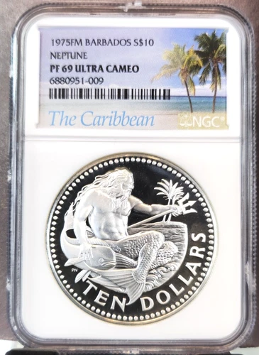 1975 BARBADOS SILVER 10 DOLLARS NEPTUNE NGC PF 69 ULTRA CAMEO SCARCE BEAUTY