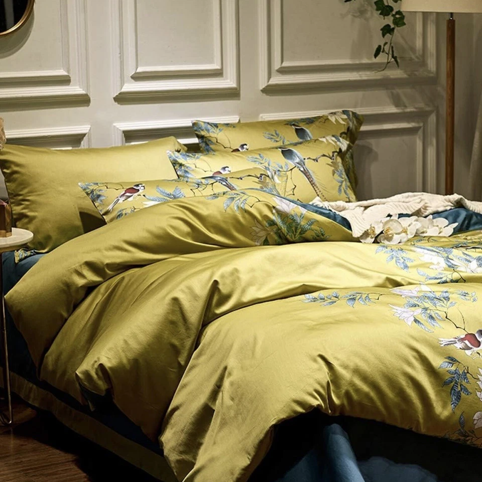 NEW Anthropologie Yellow Boho Queen Size Bird Bedding Duvet Floral Sham Case Set - Image 2 of 4