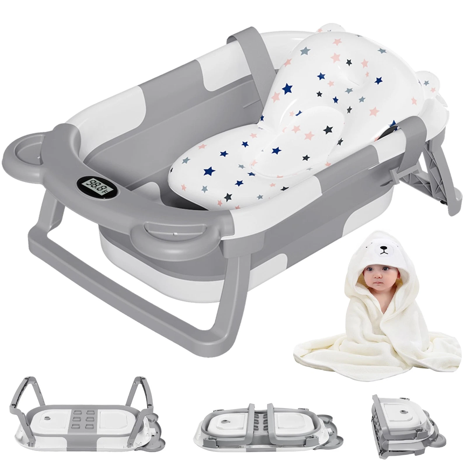 Collapsible Baby Bathtub for Newborn with Thermometer & 1 Hooded Towel