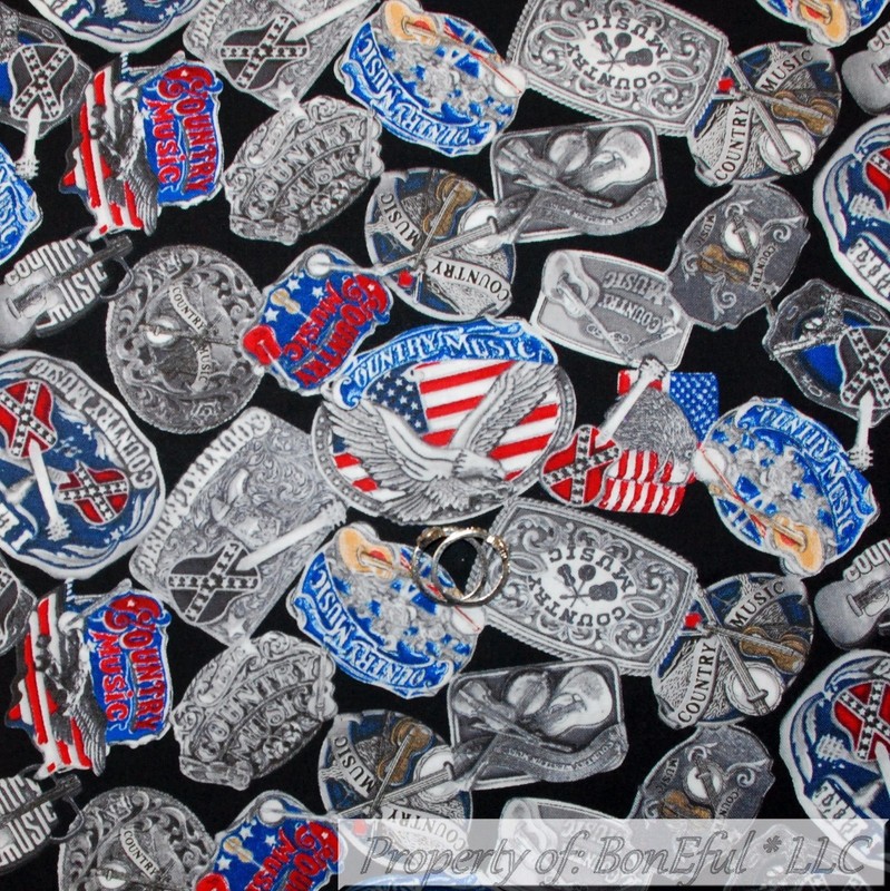 BonEful Fabric Cotton Red White Blue Belt Buckle Country Music Guitar Flag SCRAP
