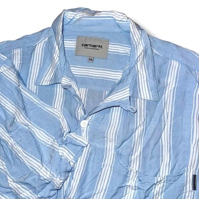 Carhartt WIP Men XXL SS Chester Shirt Light Blue White Striped Viscose Button Up