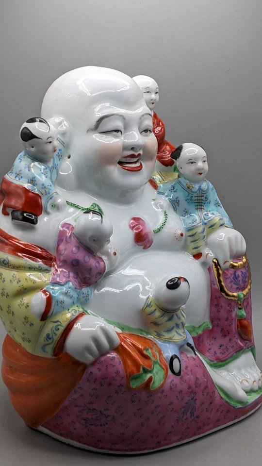 Vintage Porcelain Chinese Laughing Buddha with Five Children Large Figurine - Image 2 of 4