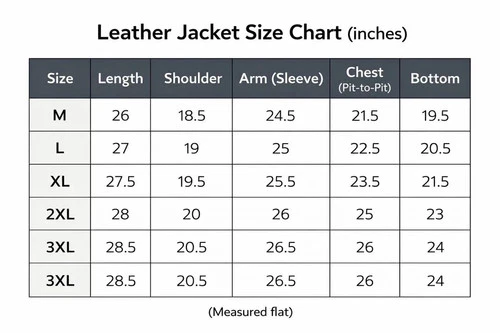 Men’s brown leather biker jacket size chart with black shoulder panels, white sleeve trim, and red bottom stitching.