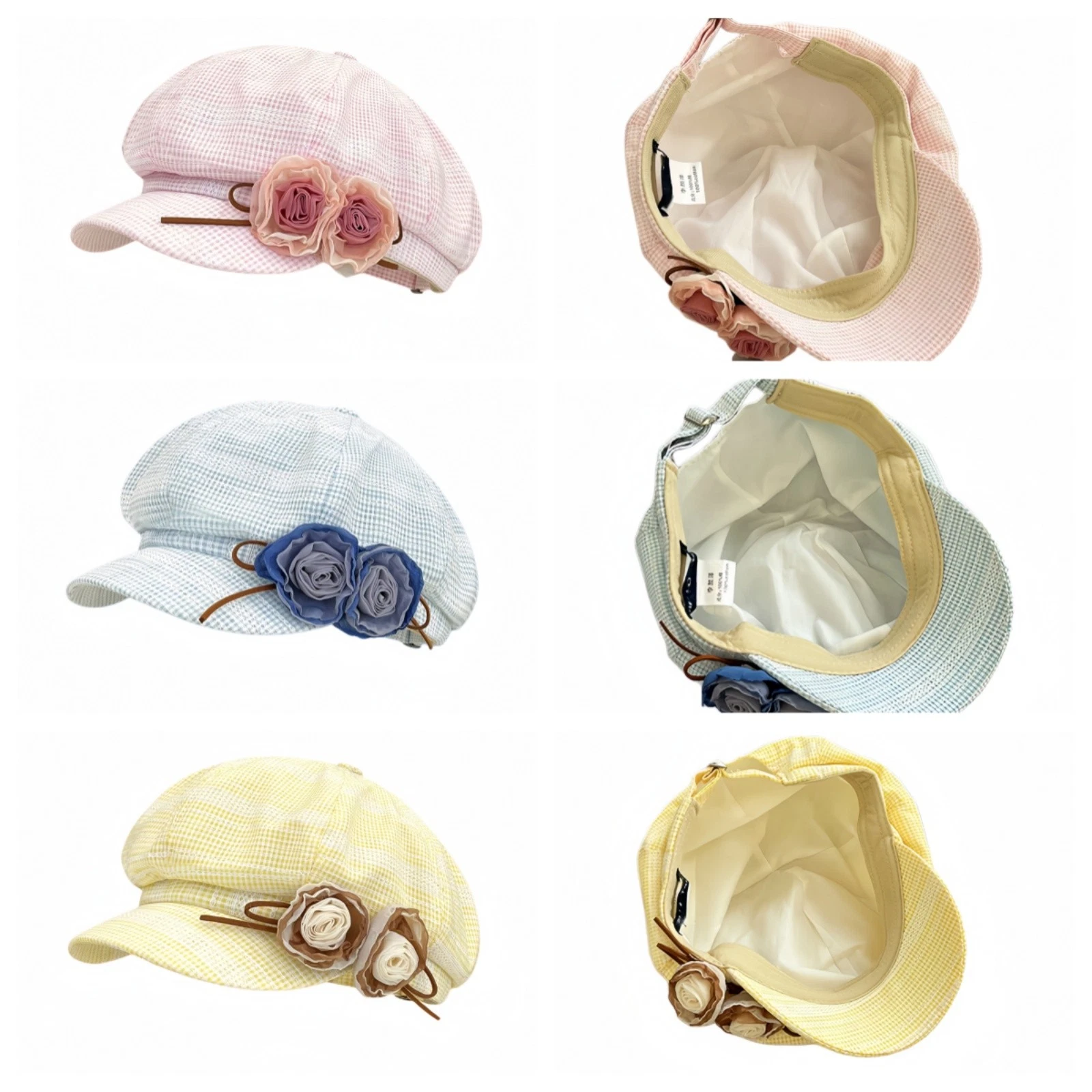 Women's Japanese Sweet Floral Gingham Newsboy Cap Vintage Octagonal Painter Hat