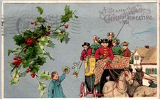 A Hearty Christmas Greeting -Carriage & Horses -Holly & People - Embossed -1908