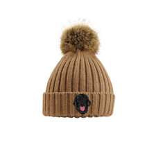 LIVER FLAT COATED RETRIEVER POM POM BEANIE. UNISEX ADULT EMBROIDERED WINTER HAT