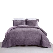 Marcielo 3 PCS Luxury Velvet Oversized Embroidery Quilted Quilt Set Purple King