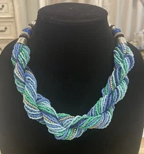 Silver Tone Boho Blue Seed Beaded Twisted Choker Collar Statement Necklace 