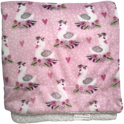 Runt 1478 Baby Girl Pink Swan Bird Blanket White Sherpa Flowers Heart Polka Dot