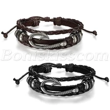 Fashion Handmade Multilayer Fish Hook Beaded Men Women Leather Bracelet Bangle