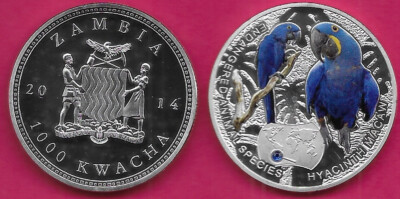 ZAMBIA 1000 KWACHA 2014 UNC HYACINTH MACAW,1 YEAR TYPE,NON