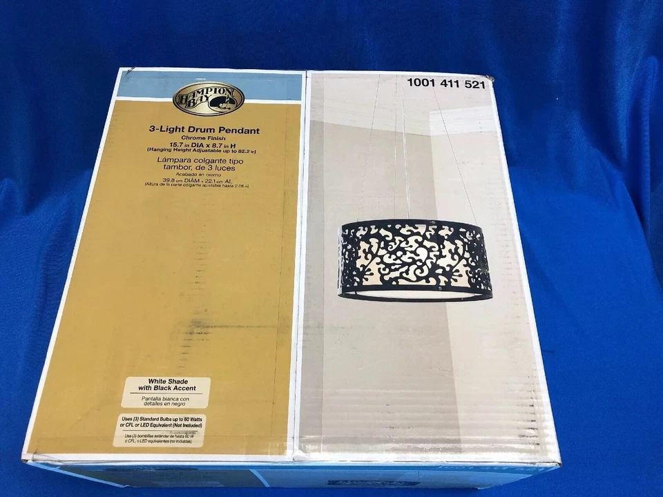 Colgante de tambor Hampton Bay 3 luces 16" acabado cromado tono blanco con acento negro Foto 2 de 3
