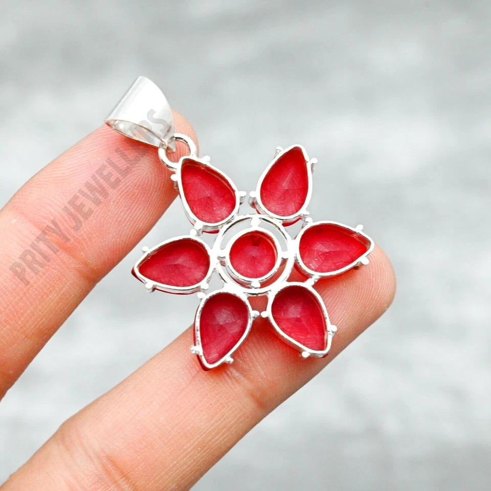 Kashmir Red Flower Pendant 925 Sterling Silver Handmade Jewelry Gift - Image 4 of 4