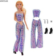Mode-Kleidung für Barbie-Puppe Pailletten Oberteil Hose Schuhe Armreif Ohrringe